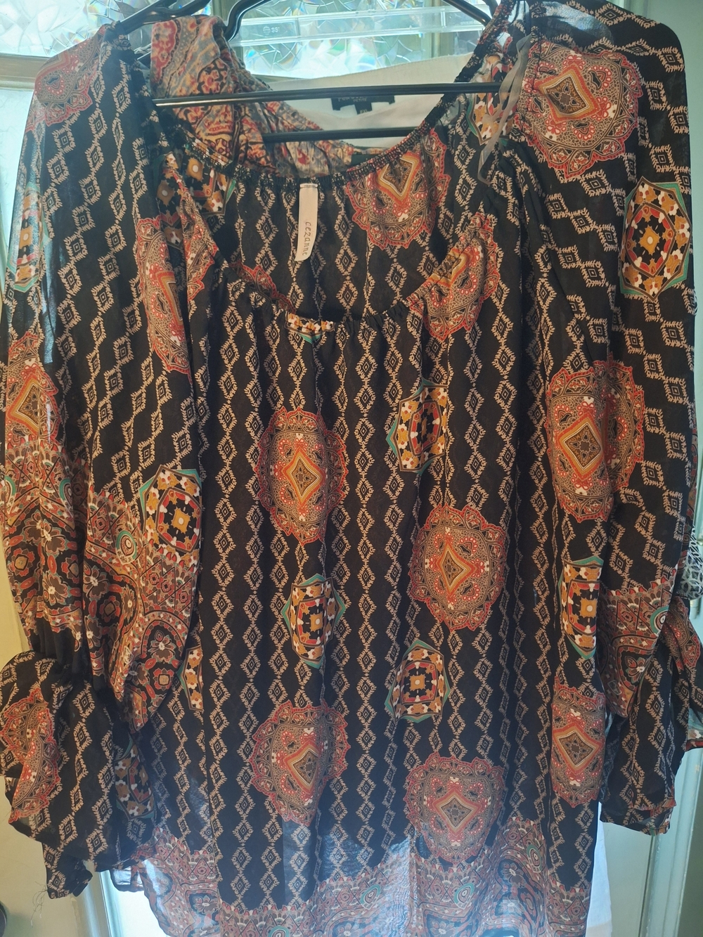 cezanne Boho Black Tunic with Red, Orange & Teal Medallions